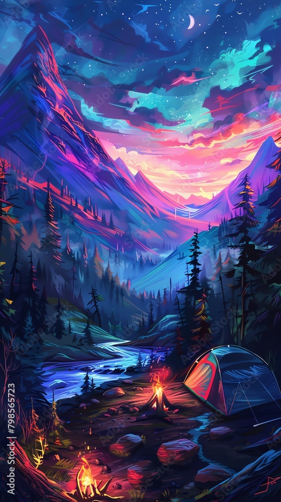 Fototapeta premium Traditional art meets digital innovation in a panoramic wilderness camping scene Illuminate mystical creatures using vibrant, pixelated lighting for a unique twist