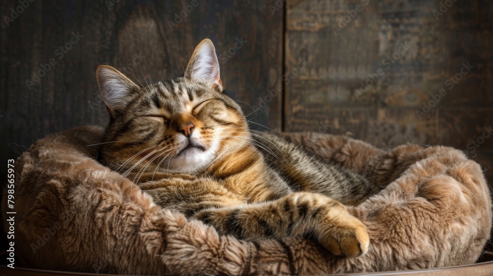 An overweight cat curling up in a cozy bed, its satisfied purrs and ...