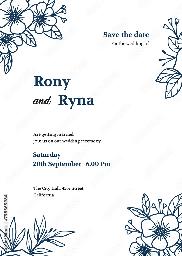 Hand drawn wedding invitation with flower and leaves ornament