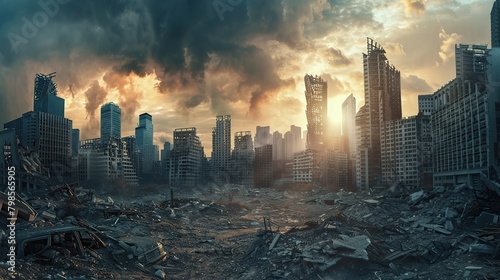 Abandoned broken big city with skyscrapers after a disaster - tornado, earthquake or war. The concept of the end of the world and destruction - apocalypse. copy space for text.