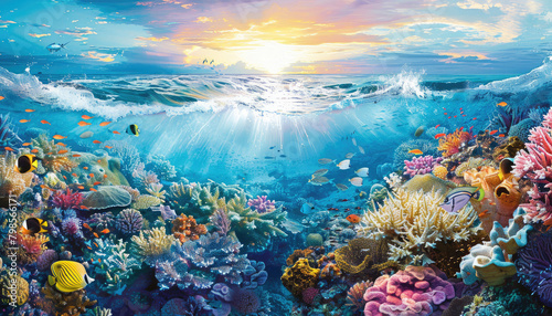 A vibrant coral reef teeming with colorful fish and marine life, showcasing the beauty of the underwater world. © Kien