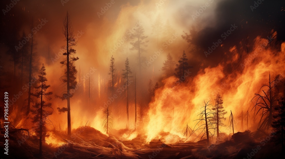 Dramatic scene of a raging wildfire engulfing forests, illustrating the destructive power of natural disasters on the environment.
