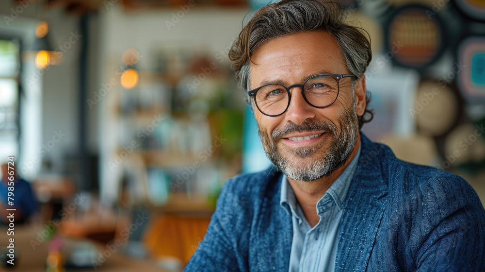 Friendly male businessman in casual blue blazer and glasses smiling friendly in modern office space with blurry background
