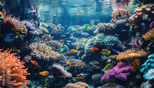 A vibrant coral reef teeming with colorful fish and marine life  showcasing the beauty of the underwater world.