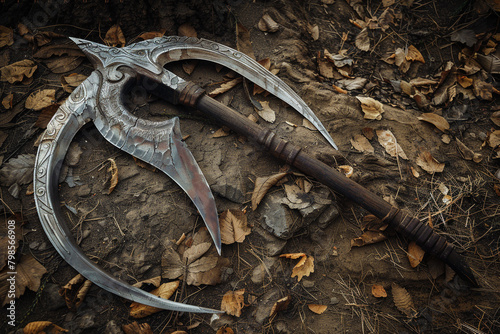 A single battle scythe, its edge honed to perfection, waiting silently for the clash of arms. photo