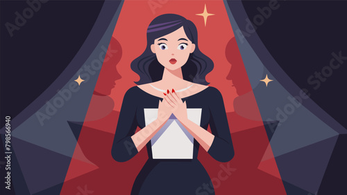 An actress nervously confessing to a trusted colleague about her secret superstitions and rituals before every show.. Vector illustration