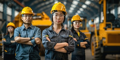 group portrait of construction workers with background of excavation machinery aigx04