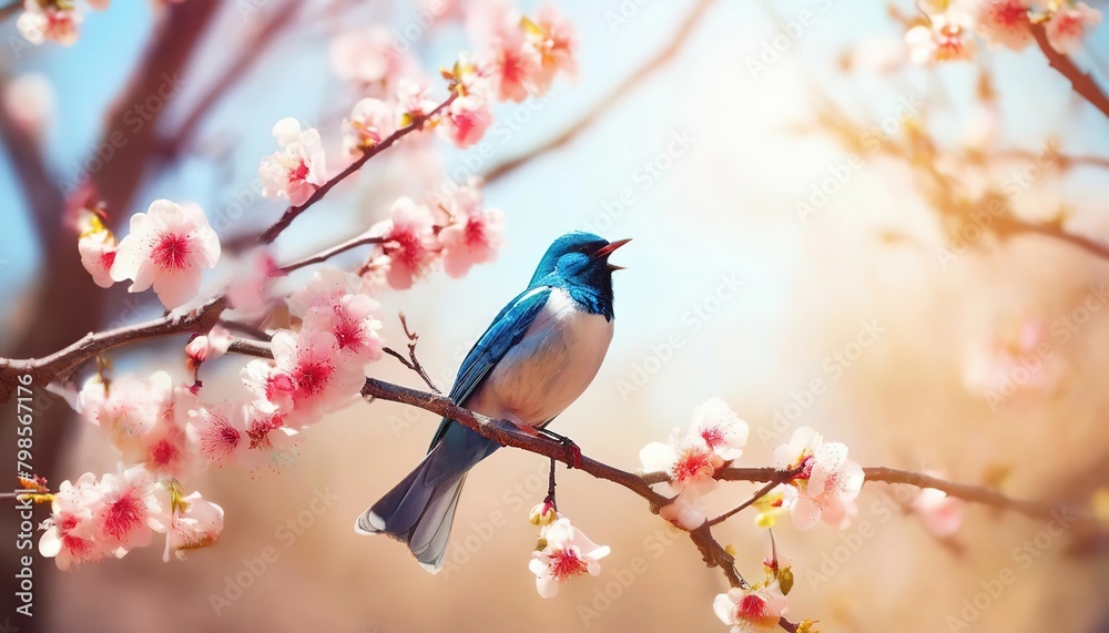 bird sing on the branches of a tree with spring flowers. sunlight. bird sing on the branches of a tree with spring flowers. sunlight.