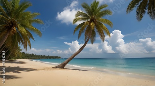 Island palm tree sea sand beach. Panoramic beach landscape. Inspire tropical beach seascape horizon.generative.ai