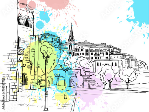 Nice view of old Tel Aviv, Jaffa, Israel. hand drawn urban sketch. Vector illustration on the colorful blobs background . Line art. Postcards. 