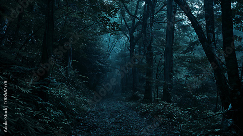 Dark scary forest landscape with road  photo