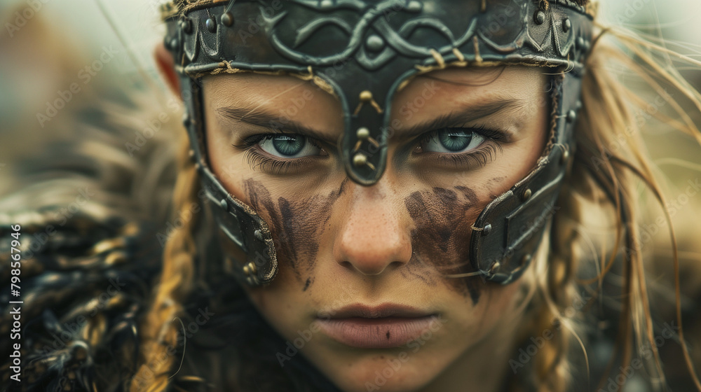 Closeup of medieval Viking female warrior looking at camera with furious expression