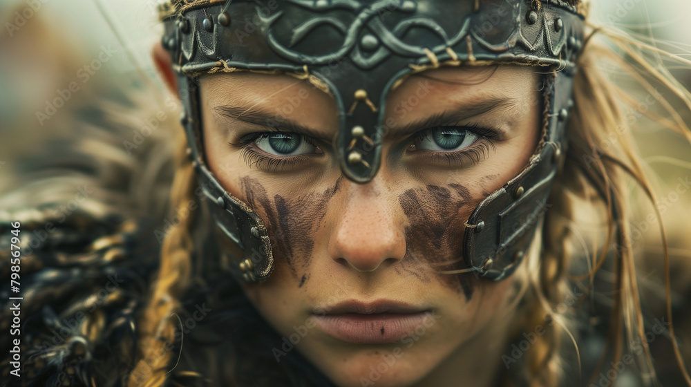 Closeup of medieval Viking female warrior looking at camera with furious expression Closeup of medieval Viking female warrior looking at camera with furious expression