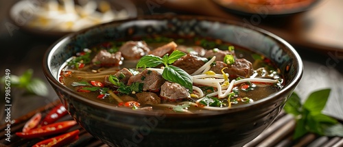 delicious hot bowl of beef pho with tendon, shank, tripe, and meatball, bean sprouts, thai basil, studio lighting, blurred background