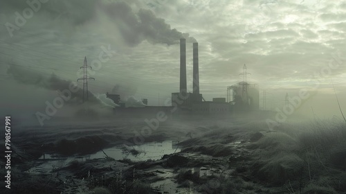 Big power plant or factory polluting the nature. Ecology concept landscape. copy space for text.