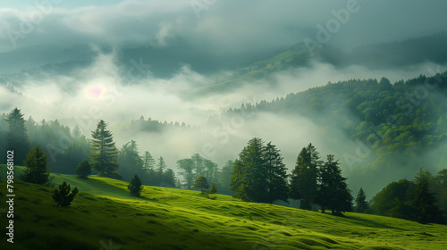 Idyllic pastoral landscape with green hills photo