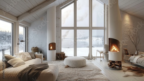 penthouse in arctic with cosy interieur and a white stove with fire, with cosy atmosphere