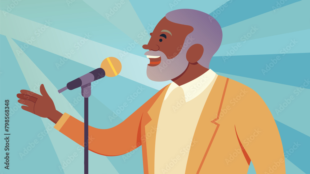 An elder from the community stands at the microphone his rich voice filling the air as he leads the crowd in singing gospel songs that symbolize the. Vector illustration An elder from the community stands at the microphone his rich voice filling the air as he leads the crowd in singing gospel songs that symbolize the. Vector illustration