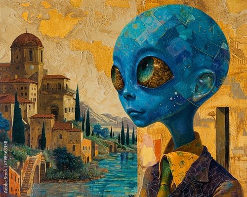 the Blueboy painting as an alien in surreal Normn Rokwell painting