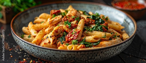 Ultrawide shot Creamy Chicken, Chorizo Sundried Tomato Pasta Penne and blad spinach tabletop photography on a plate