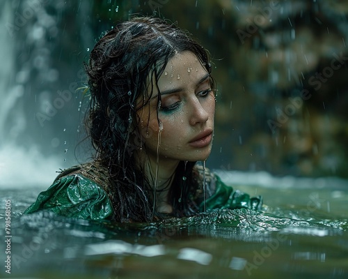 a girl with dark hair in green Scottish medieval clothes swims in a lake near a waterfall dark fantasy art