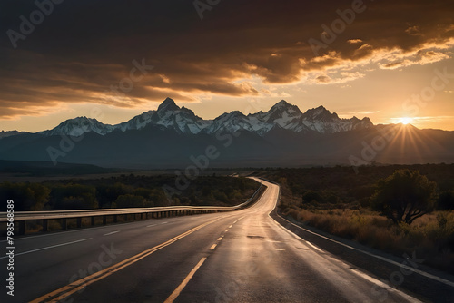 Highway towards mountains at sunset