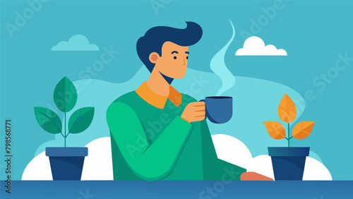 As he continues to drink the tea the man takes the time to reflect on each sip grateful for the peacefulness and clarity it brings..