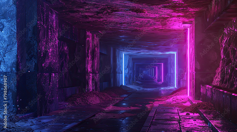 dark underground, black stone walls with neon lights, digital art style in the style of cyberpunk color palette