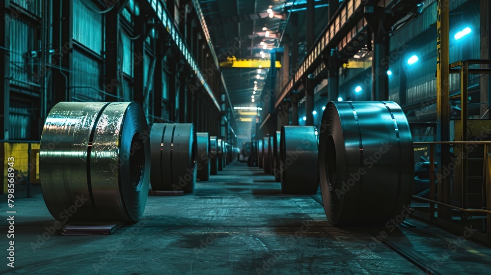 Big rolls of steel in factory. Image of industry factory. copy space for text. Big rolls of steel in factory. Image of industry factory. copy space for text.