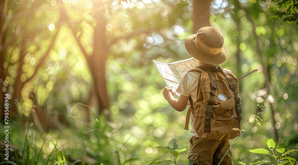 A young boy dressed as an explorer stands in the forest, holding his map and compass, ready to dive into adventure with golden sunlight filtering through the trees