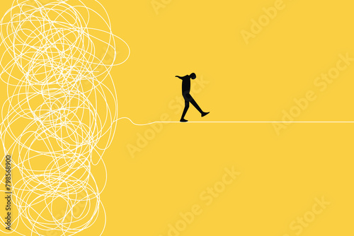 Businessman running away from mess chaos line. concept of find solution, thinking process and problem solving