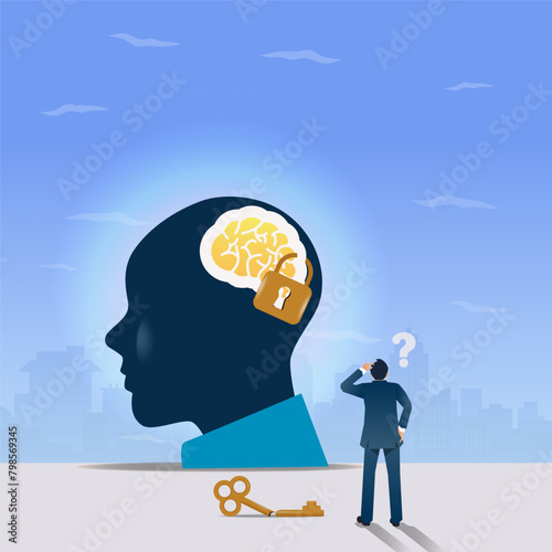 Lock brain in head. Doctrine and lack of freedom of opinion vector illustration