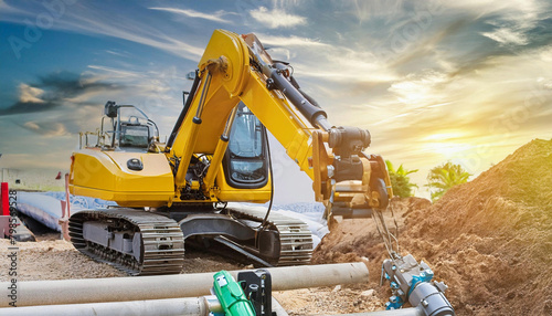 Hydraulic cylinder on industrial machinery equipment; construction and engineering development. Hydraulic application systems; Fluid power systems