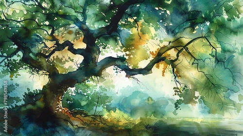 Majestic watercolor art of a big tree with sprawling branches over a serene landscape, ideal for wall art and decor