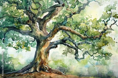 Large watercolor painting of an ancient oak tree, emphasizing rich green and brown tones, perfect for environmental themes photo