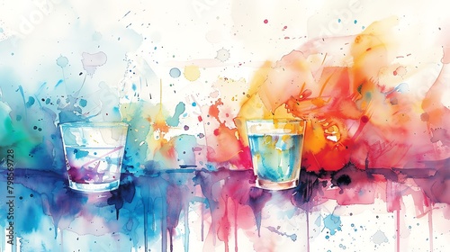 Abstract watercolor artwork featuring glass items, splashes of translucent colors, suitable for art gallery posters photo