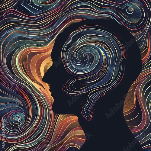 Human silhouette with spiral mind waves, introspective theme, side view, SVG illustration
