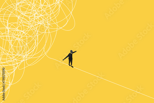businessman running away from mess chaos line. concept of find solution, thinking process and problem solving photo