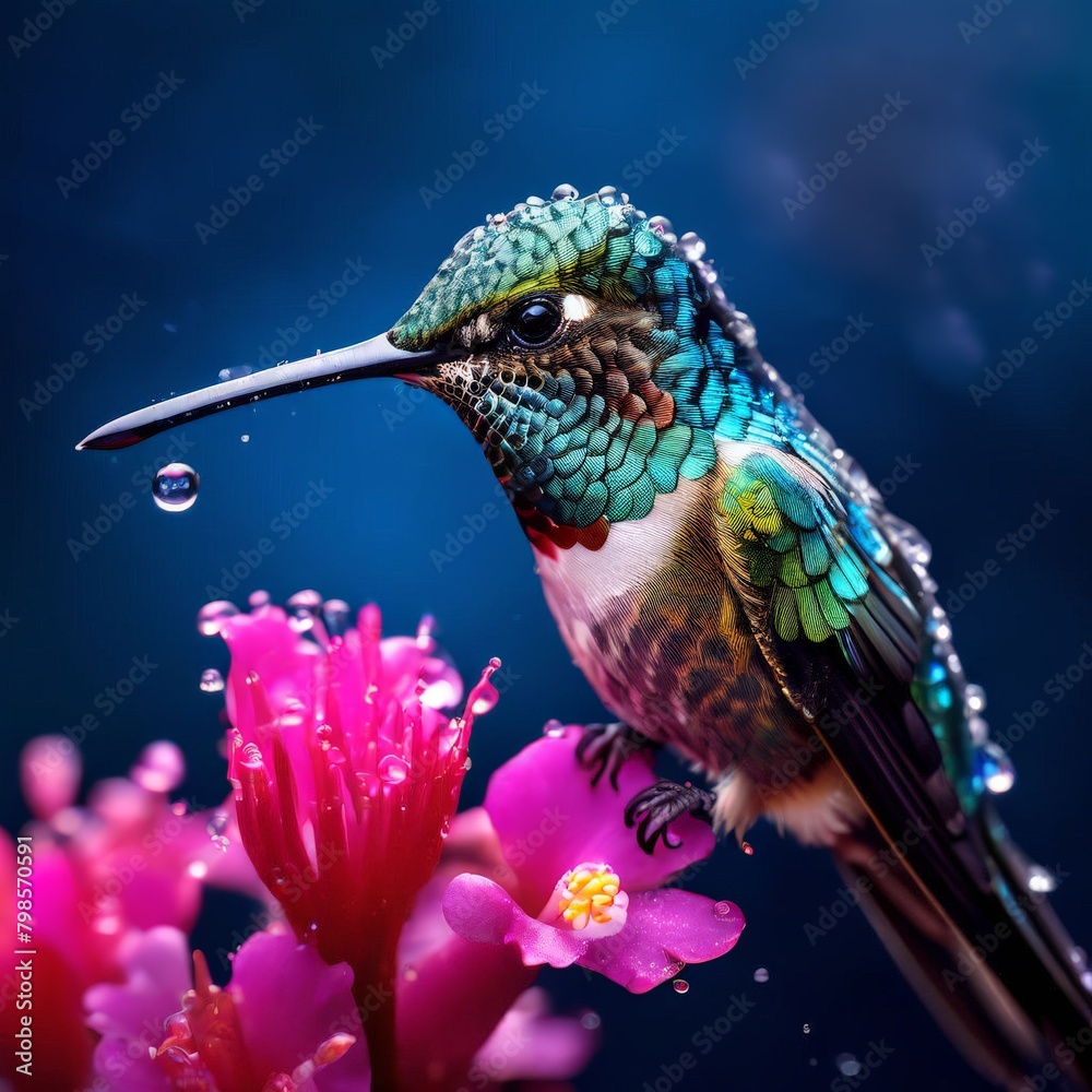 Fototapeta premium Hummingbird with flower and rain drops. Hummingbird in the rainforest. AI generated