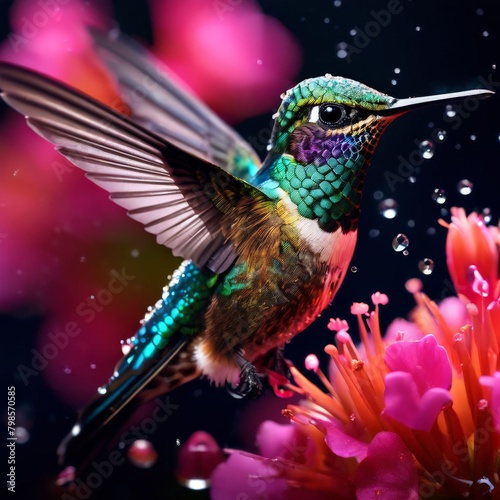 Hummingbird with flower and rain drops. Hummingbird in the rainforest. AI generated © Inna