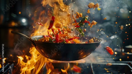 Freeze Motion of Wok Pan with Flying Ingredients in the Air and Fire Flames.