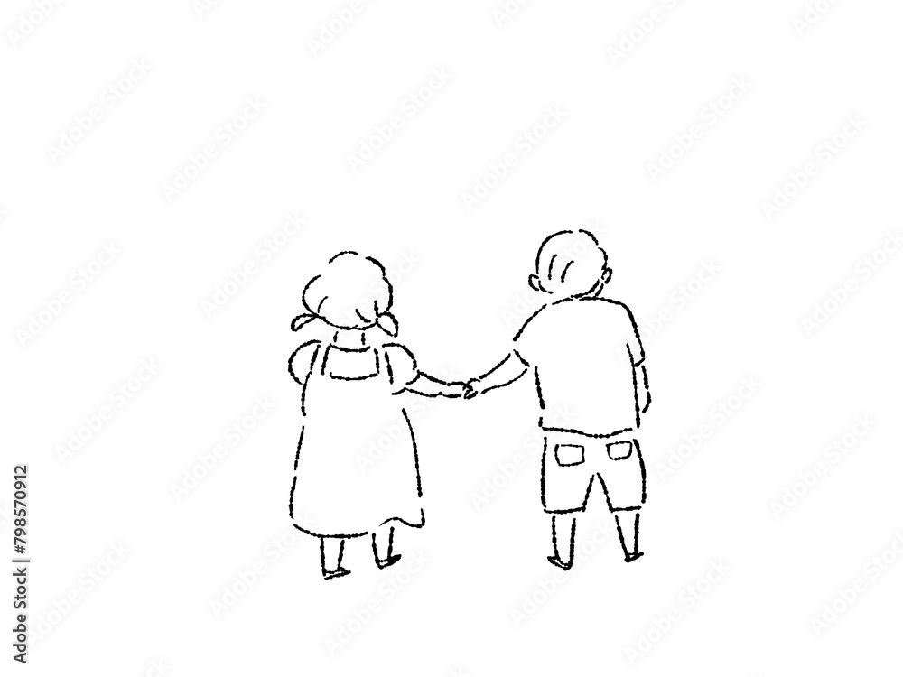 手を繋いだ小さい女の子と男の子、兄弟、友達、子供の後ろ姿、背中、線画 手を繋いだ小さい女の子と男の子、兄弟、友達、子供の後ろ姿、背中、線画