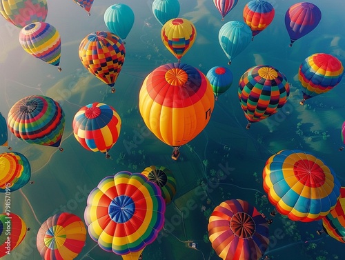 colorful hot air balloons, clear skies, aerial view , vibrant color