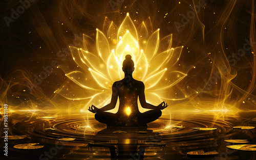 A silhouette of an outline yoga lotus pose figure against the background of sacred geometry, mandala with rays and light effects emanating from behind.