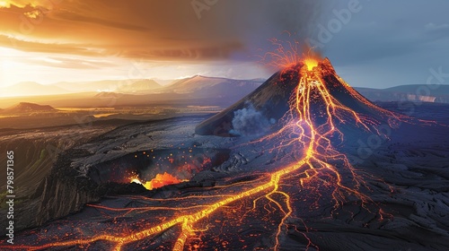 An image of a volcano, with its eruption path marked by a dotted line, symbolizing its unpredictable nature