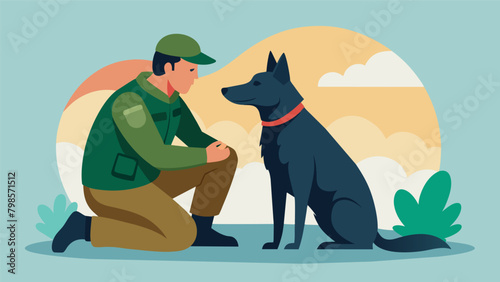 Unbreakable Bond A heartmelting depiction of a soldier and their war dog showcasing the unbreakable bond and trust between them as they face. Vector illustration