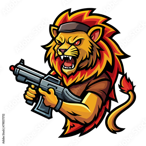 Lion with a gun, depicting a sinister and unsettling atmosphere perfect for a horror-themed sticker