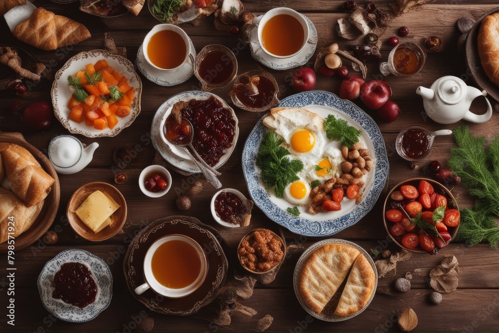 'turkish breakfast flat lay family eating pastry vegetables greens cheeses fried eggs jams oriental tableware tea copper pot tulip glasses rustic wooden background top view food traditional topview'
