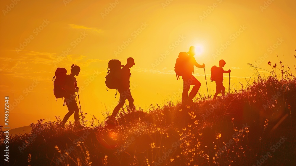 A group of five people are hiking up a hill at sunset. They are all wearing backpacks and carrying hiking poles. The sun is setting behind them and the sky is a bright orange color