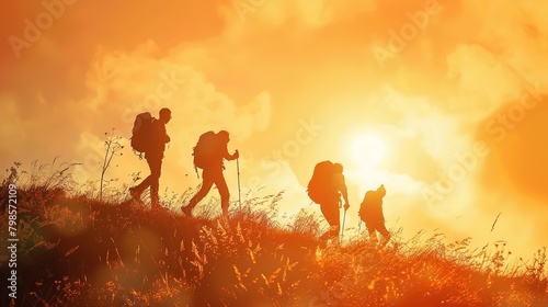 A group of five people are hiking up a hill at sunset. They are all wearing backpacks and carrying hiking poles. The sun is setting behind them and the sky is a bright orange color